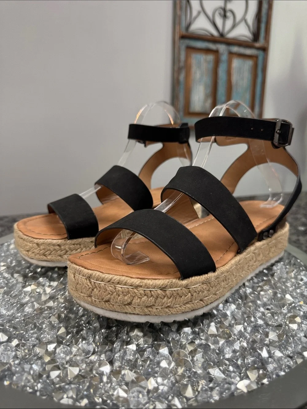 Black Platform Espadrille Sandals with Ankle Strap EUC 8.5